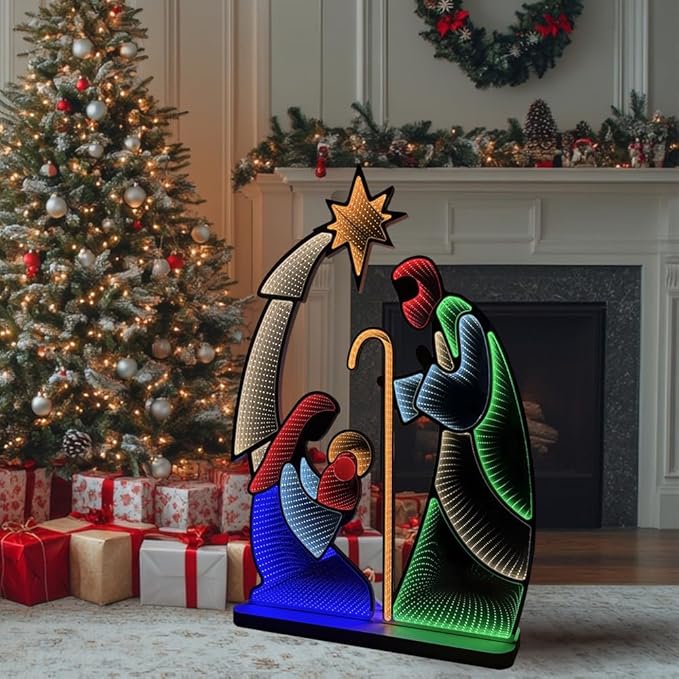 hogardeck Nativity Scene for Christmas Decorations, 4FT Christmas Nativity Scene Infinity Mirror Tunnel Light, 3D Endless Extension Holy Family for Home Indoor Living Room Outdoor Yard Garden Decor
