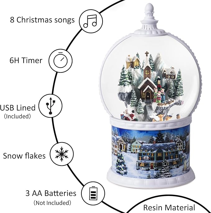 10.2 Inch High Large Size Christmas Snow Globes Musical Box with 8 Songs, Xmas Lighted Big Glitter Snow Globes 6 Hours Timer Christmas Birthday Gift Deluxe Carousel Snow Globes