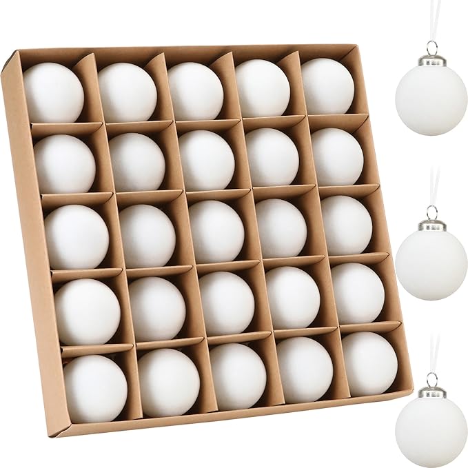 Sea Team 25-Pack Flocked Velvet Christmas Tree Ball Ornaments Set, Hanging Velour Baubles, Shatterproof Plastic Decorations for Xmas Tree, Wreath, Garland, 60mm/2.36 Inches, White