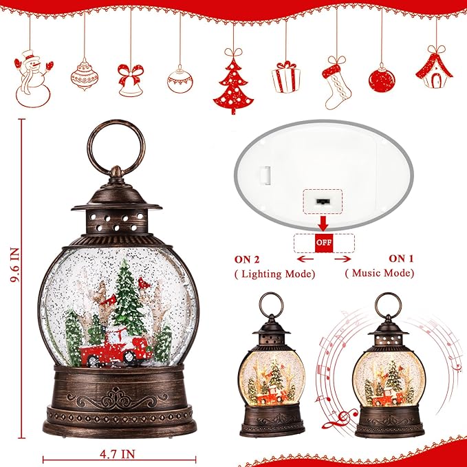 Christmas Snow Globes,Swirling Music Box Christmass Trees with 8 Songs & 6H Timer,Battery Operated & USB Powered Christmas Lanterns for Indoor Holiday Table Party Gifts