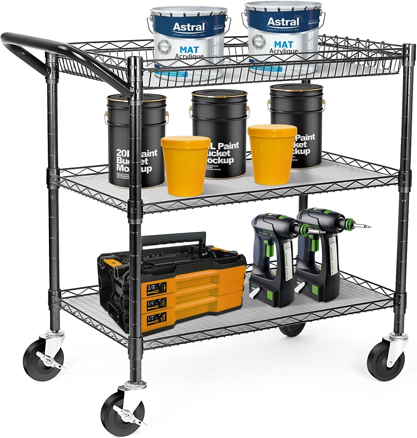 WDT 990Lbs Capacity Heavy Duty Rolling Utility Cart, NSF Rolling Carts with Wheels,Commercial Grade Metal Cart with Handle Bar & Shelf Liner,Trolley Serving Cart for Restaurant,Kitchen,Black