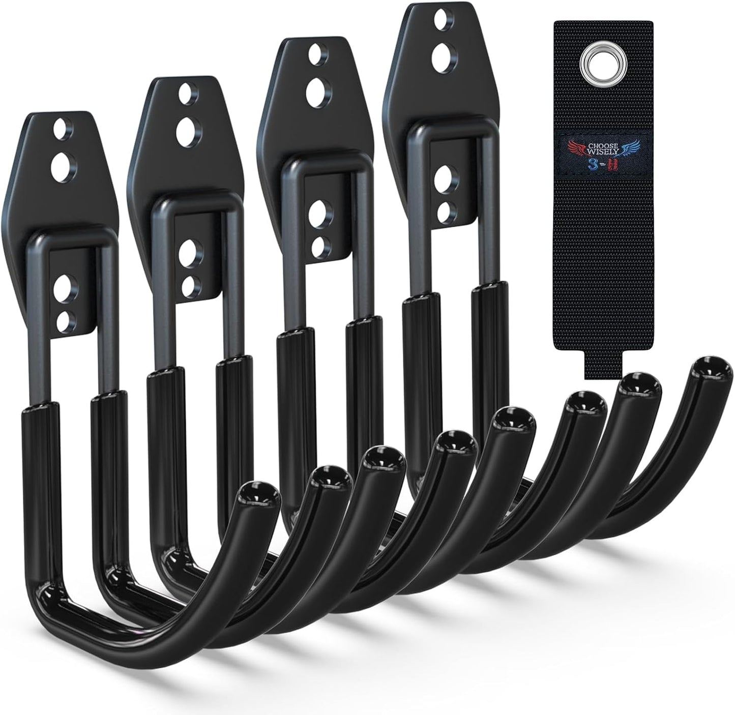 3-H Garden Hose Holder Wall Mount 4 Pack,Solid Steel Hose Hanger,Water Hose Holders for Outside,Perfect for Hanging Outdoor Air Hose,Ropes,Pipes,Garden Tools,Ladders,Bikes,Bulk Items(Black)