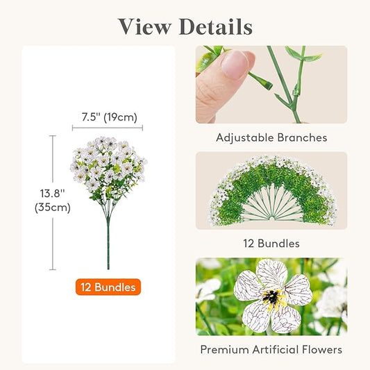 Lifewit Artificial Flowers for Outdoor Indoor, 12 Bundles Plastic Fake Flowers Daisy with Eucalyptus Leaves for Home Garden Decor, Porch, Window Box(White)