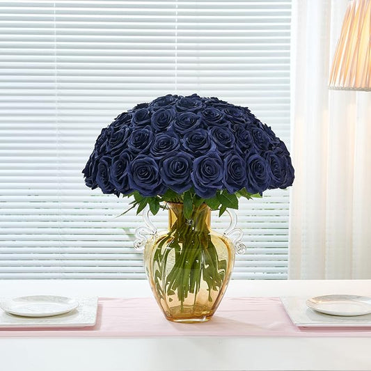 50pcs Navy Blue Roses Artificial Flowers Bulk Fake Roses Silk Flower with Stems Realistic Flowers for Wedding Centerpiece Party Birthday Decor