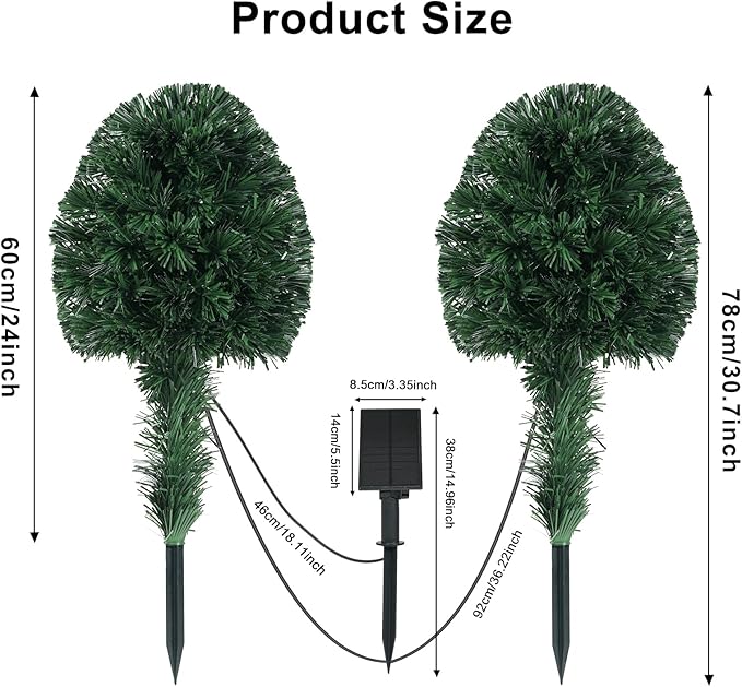 2 Pack Fiber Optic Christmas Tree, Small Outdoor Led Christmas Tree Solar Powered 24 Inch Artificial Xmas Trees with Lights for Front Porch Yard Garden Pathway Cemetery Holiday Decor