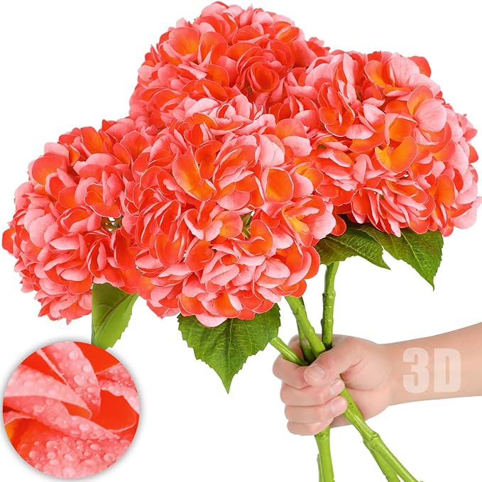 Nubry 22.44In Orange Hydrangea Artificial Flowers,4Pcs Latex Faux Real Touch Large Hydrangea Flowers with Long Stems & Leaves for Home Office Decor Wedding Party Arrangements(Orange)