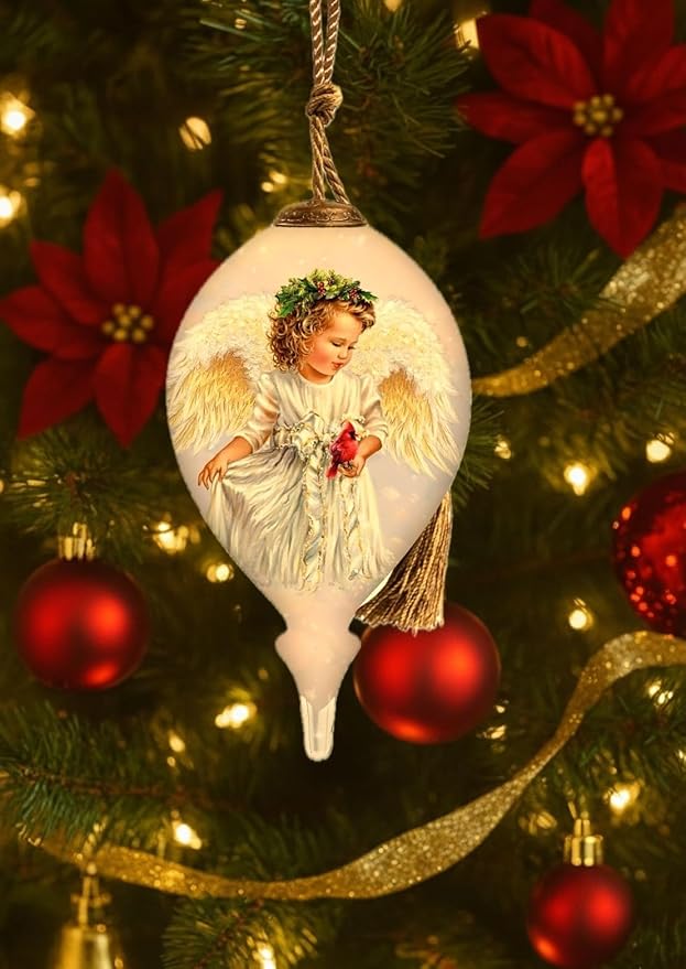 Winter Angel Ornament – Hand-Painted Glass Christmas Ornament – “Peaceful Messenger” Angel with Cardinal Christmas Tree Decoration