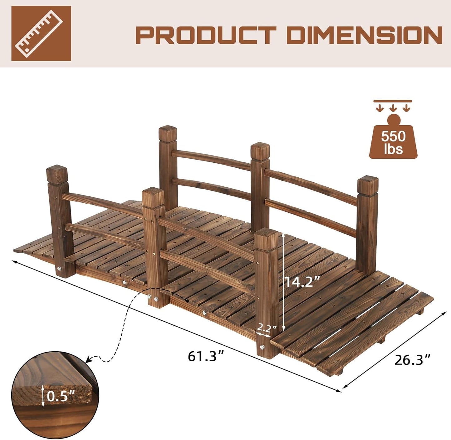HOMEDIARY Fir Wood Garden Bridge, Outdoor Stained Finish Arc Footbridge Walkway with Double Safety Railings, Decorative Pond Bridge Landscaping for Backyard Farm Garden Creek Pond Decor, Carbonized