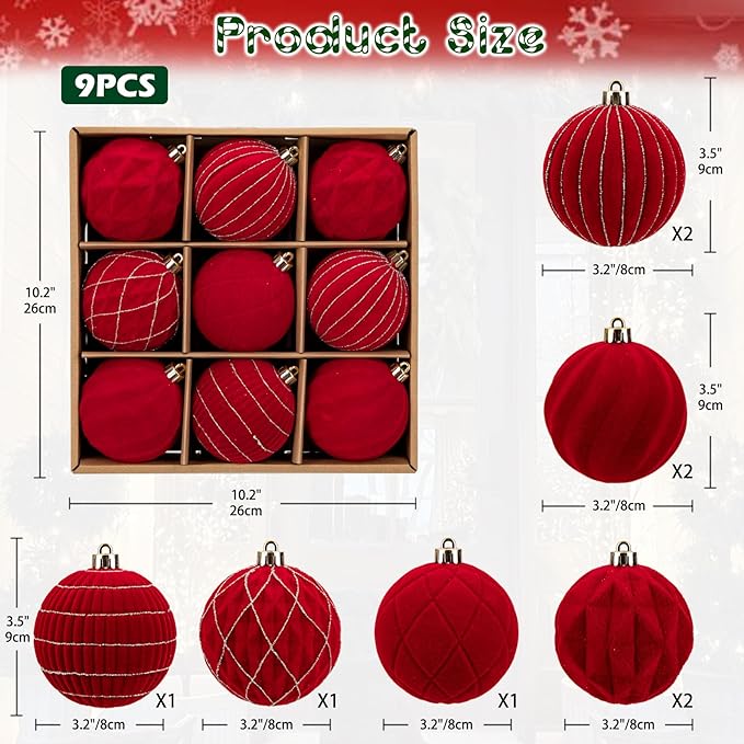 Hollyone Red Velvet Christmas Ornaments Set for Christmas Tree 3.2inch Xmas Ball Ornaments 9Pcs Flocked Balls Xmas Tree Hanging Ornament Decoration Set Shatterproof for Holiday Party Wreath Home Decor
