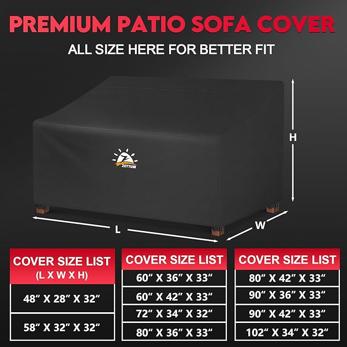 Zettum Patio Sofa Cover 80 Inch - 600D Outdoor Couch Cover Furniture Cover Waterproof & Heavy Duty, Large 3-Seater Bench Cover for Outside Sofa, Loveseat, Couch, Glider and Bench - 80 x 42 x 33 Inch