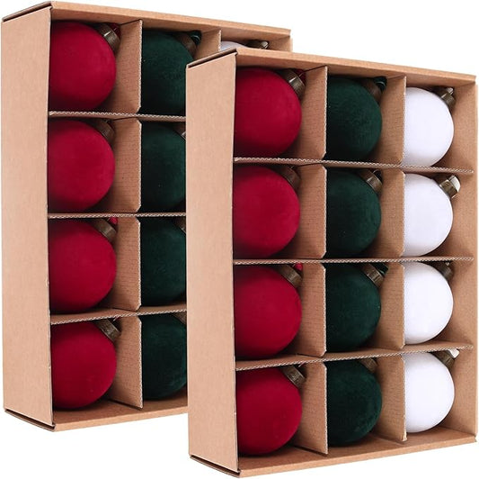 24 Pcs Velvet Christmas Balls Bulk Shatterproof Plastic Christmas Tree Decorations for Decorative Hanging Baubles (24, Wine red、Blackish Green、White, 3.15Inch)