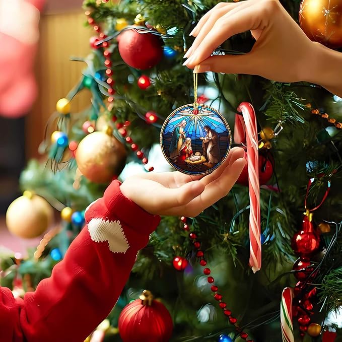 Nativity Night Ornaments Round Ceramic Stained Glass Style Birth of Jesus Christ Hanging Ornament Christmas Keepsake Decor for Xmas Tree Winter Holiday Xmas Gift for Women Men 3"