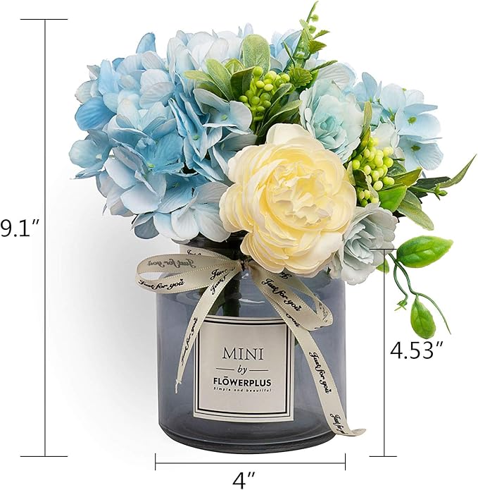 Artificial Flowers with Vase, Hydrangea Hand Bouquet and vase, Ins Style Artificial Flower Set, Suitable for Living Room, Dining Table, Office, Wedding, Hotel Banquet Home Decoration. (Blue)
