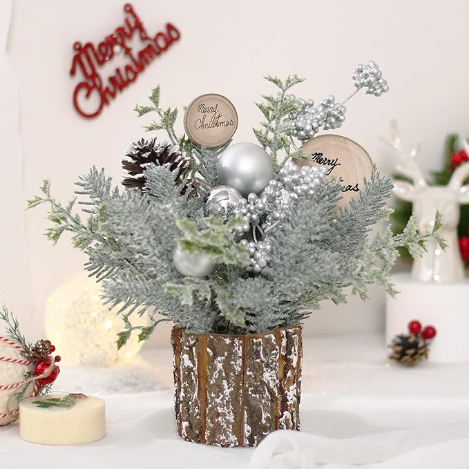 Super Holiday Small Winter Christmas Tree, Artificial Mini Tabletop Christmas Tree Decorations with Christmas Ornaments, for Home Party Thankgivings Christmas Decor, Silver/White-Indoor.