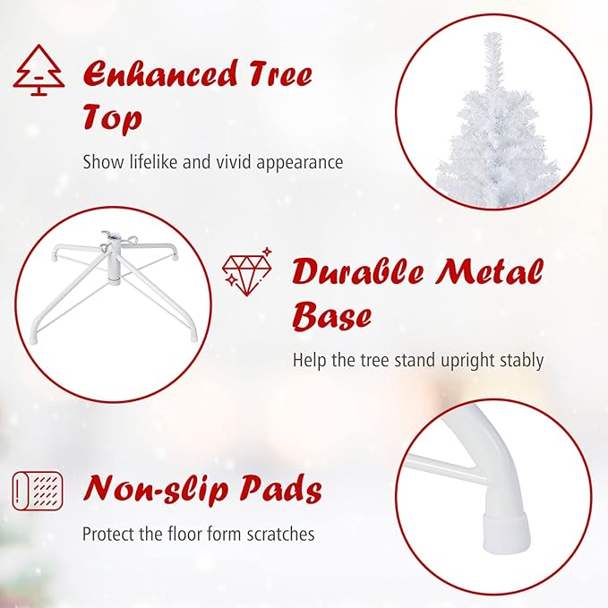 HAPPYGRILL 7.5 Feet White Artificial Christmas Tree with 1346 PVC Branch Tips Unlit Hinged Xmas Pine Tree with Sturdy Metal Base, Artificial Pine Tree for Indoor Outdoor Decor