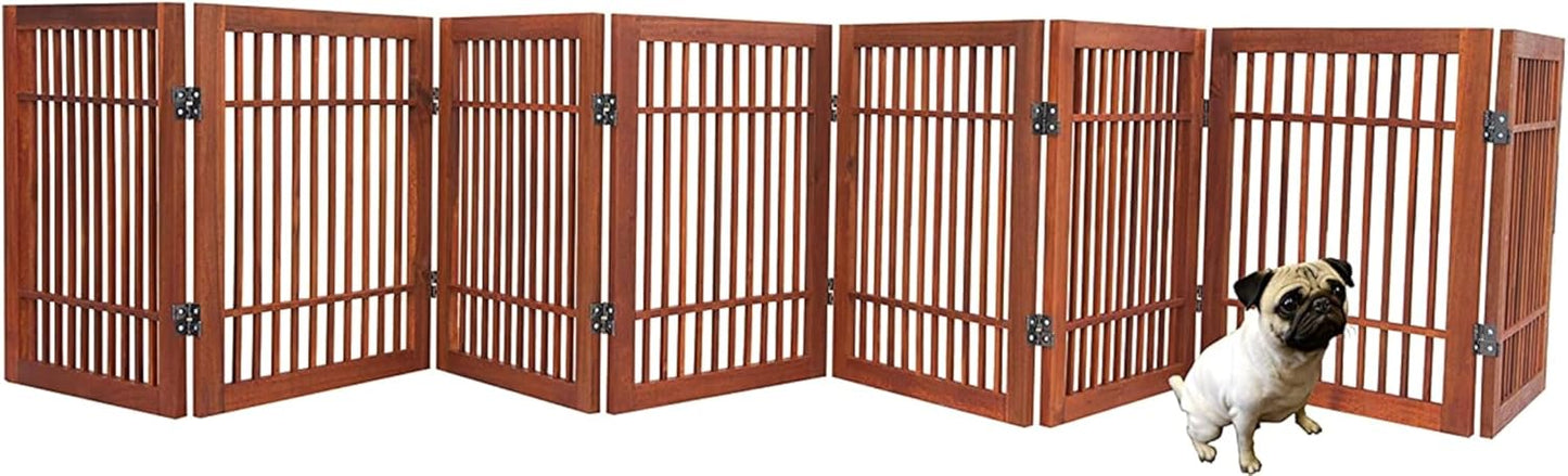 Urnporium Freestanding Pet Gate Folding Wooden Fence for Indoor & Outdoor Use, Durable Acacia Hardwood (Brown Pet Gate, 8 Panel 24" Tall)