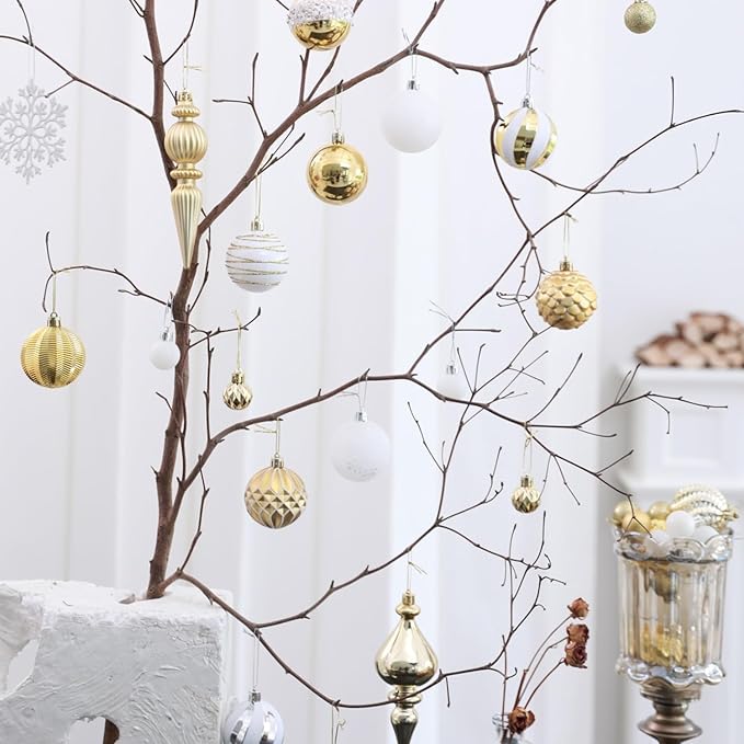 Christmas Tree Ornaments Decorations Set-116ct 1.18-6.5 Inch Assorted White Gold Shatterproof Decorative Hanging Christmas Ball Ornaments Bulk,Xmas Tree Tabletop Decorations for Holiday Decor
