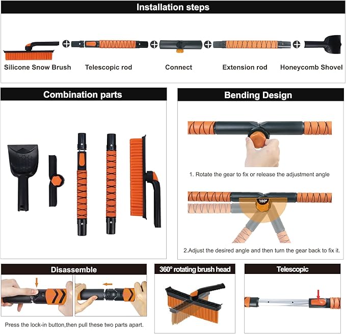 Eazy2hD 3 in 1 Bendable Silicone Snow Brush with Ice Scrapers, 65.75" Extendable Window Ice Removal with Squeegee for Windshield, 360° Pivoting Brush Head Cleaner Tool for Car, Truck, SUV