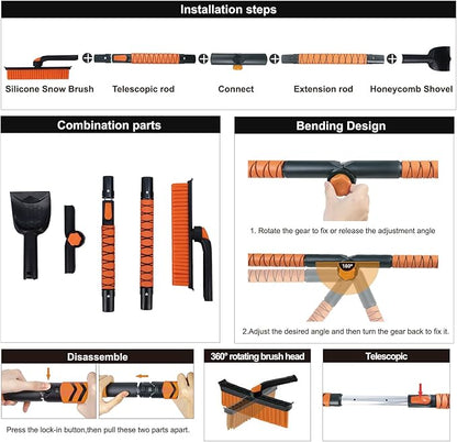 Eazy2hD 3 in 1 Bendable Silicone Snow Brush with Ice Scrapers, 65.75" Extendable Window Ice Removal with Squeegee for Windshield, 360° Pivoting Brush Head Cleaner Tool for Car, Truck, SUV