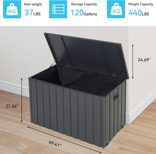 Outdoor Storage Box, 120 Gallon Metal Deck Box Built-in a Oxford Fabric Storage Bag, Lockable & Waterproof Outside Patio Storage Box for Cushions, Pillows, Pool Floats- Grey