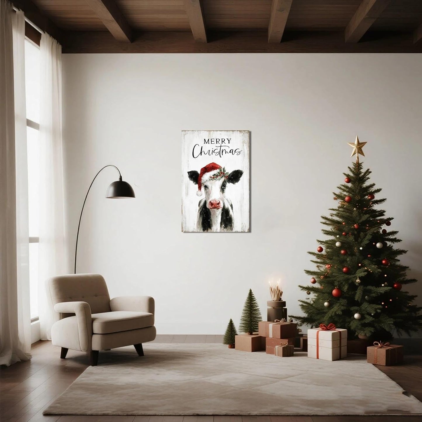 Christmas Cow Canvas Wall Art – Framed Farmhouse Decor for Xmas, Ready to Hang Print Holiday Gifts for Bedroom & Living Room Indoor 24x35 Inch