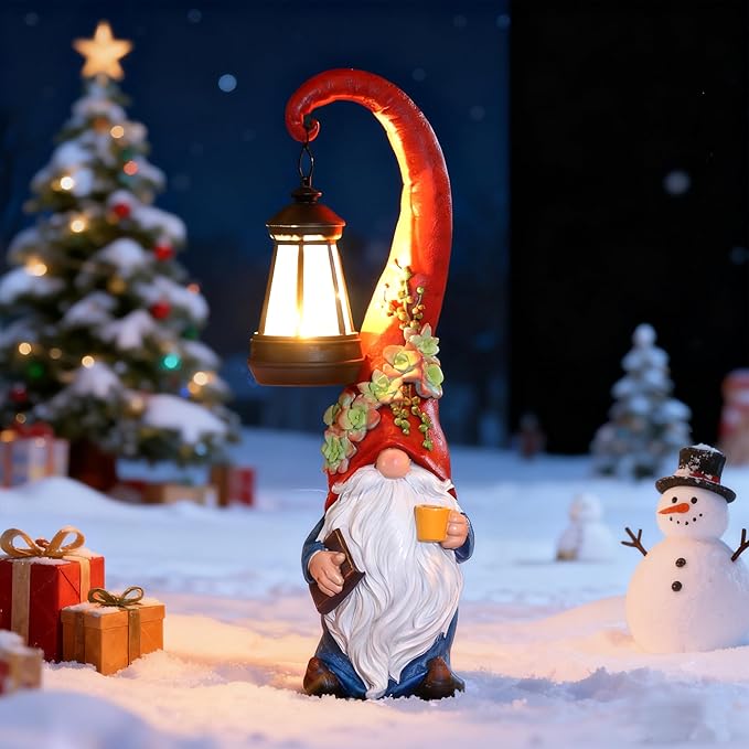 Coffee Gnome Garden Decor Statue Solar-Powered Gnome Ornament Lantern-Lit Courtyard Decoration Birthday Gift for Mom on The Patio