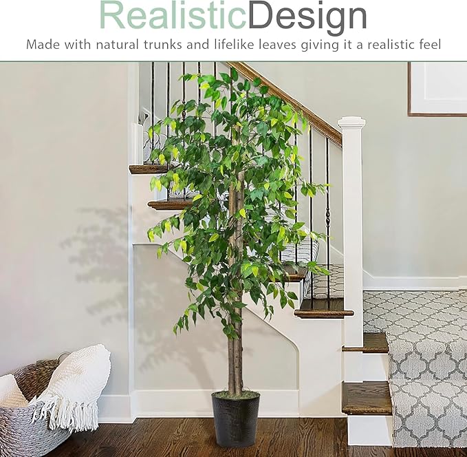 6ft Deluxe Artificial Ficus Tree in Black Metal Pot - Real Wood Trunk, Preassembled, No Maintenance Indoor Faux Plant - Living Room, Home & Office Decor