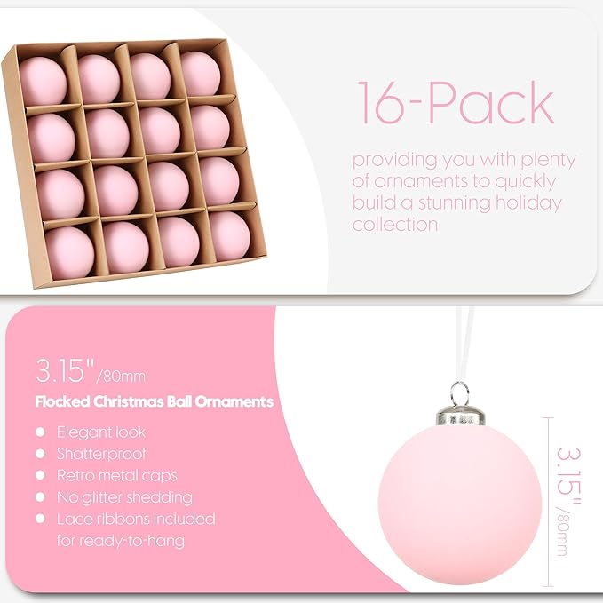 Sea Team 16-Pack Flocked Velvet Christmas Tree Ball Ornaments Set, Hanging Velour Baubles, Shatterproof Plastic Decorations for Xmas Tree, Wreath, Garland, 80mm/3.15 Inches, Pink