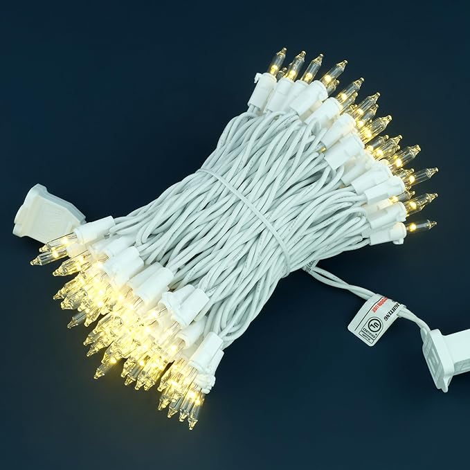 YULETIME 100 Count Clear Warm White Christmas Lights, 33 Feet White Wire UL Certified Incandescent-Like LED Mini String Lights
