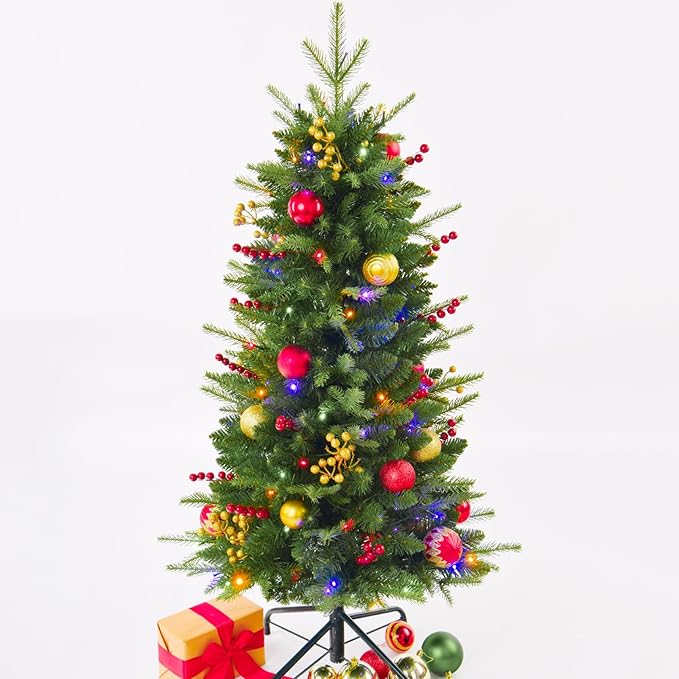 4ft Prelit Artificial Small Christmas Tree with Warm White Multi-Color LED Lights, Timer Battery Operated, Stand Balls & Pine Cone Slim Pencil Decoration Tree for Indoor/Outdoor