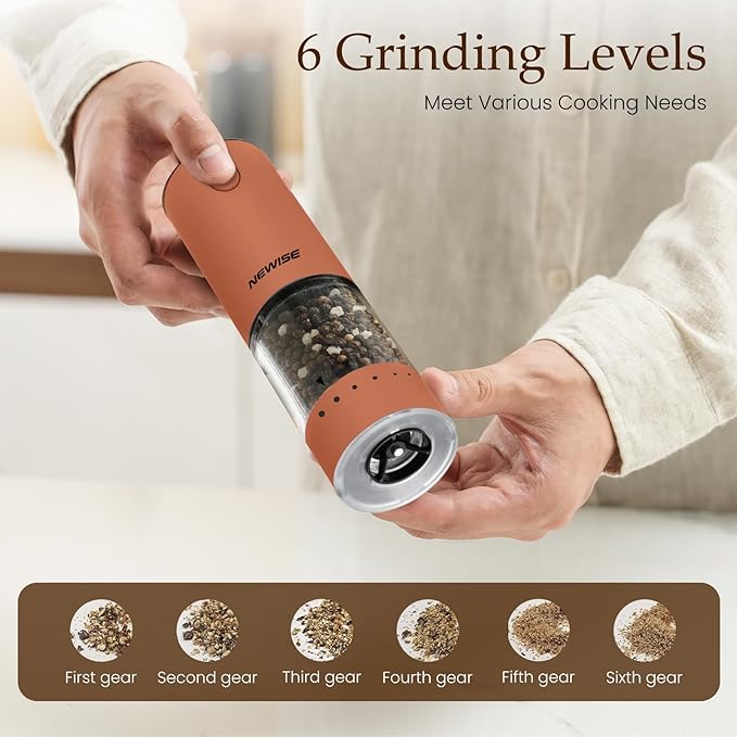 Electric Salt and Pepper Grinder Set Rechargeable with LED Lights, Automatic Pepper & Salt Mill, Adjustable Coarseness, Large Capacity, Brown