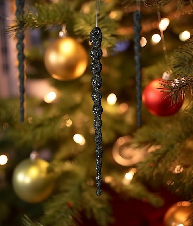 AMS Sparkling Glitter Plastic Icicle Ornaments 30 PCS Twisted Icicles Decoration Christmas Tree and Holiday Xmas Party Hanging (5.1'', Black)