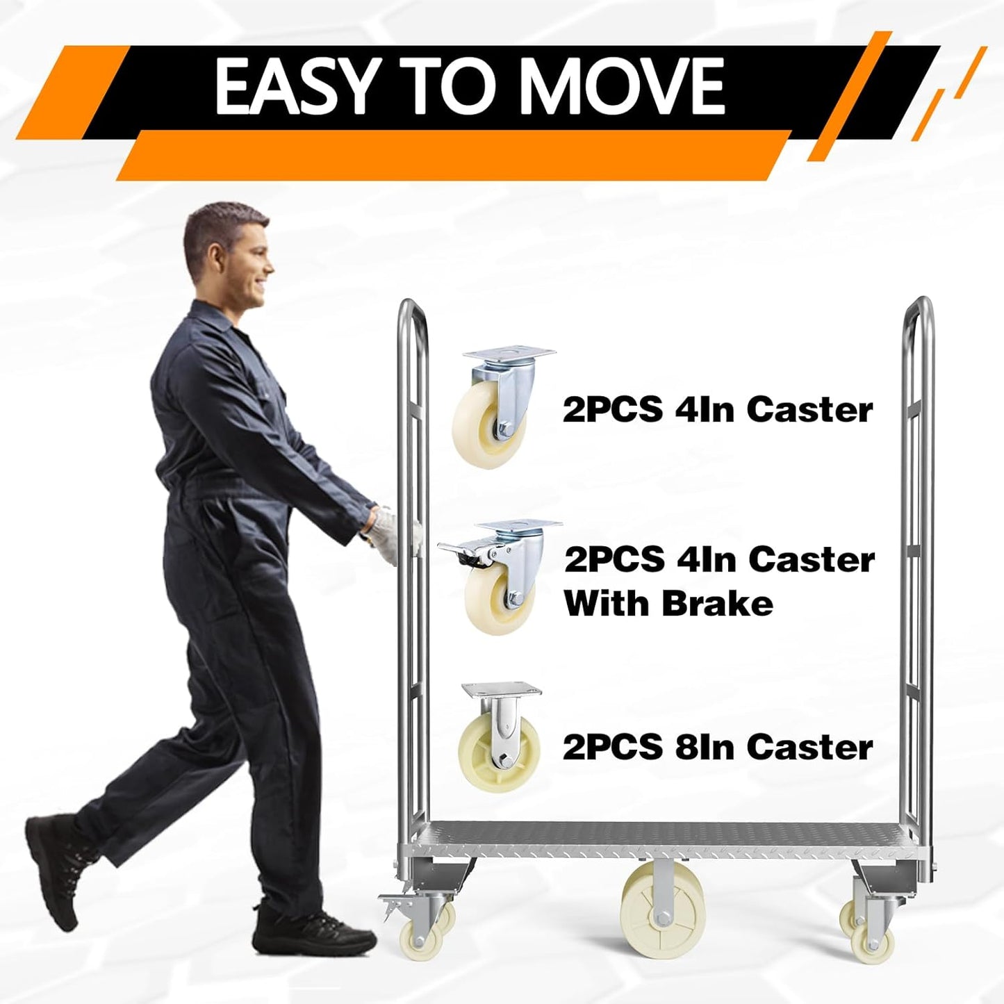 U-Boat Platform Truck Cart, 16 x 48 Inch Narrow Aisle Flatbed Truck w/6PCS Wheel Caster 2000LBS Weight Capacity Heavy Duty Platform Dolly with Removable Handles for Warehouse, Storage Room