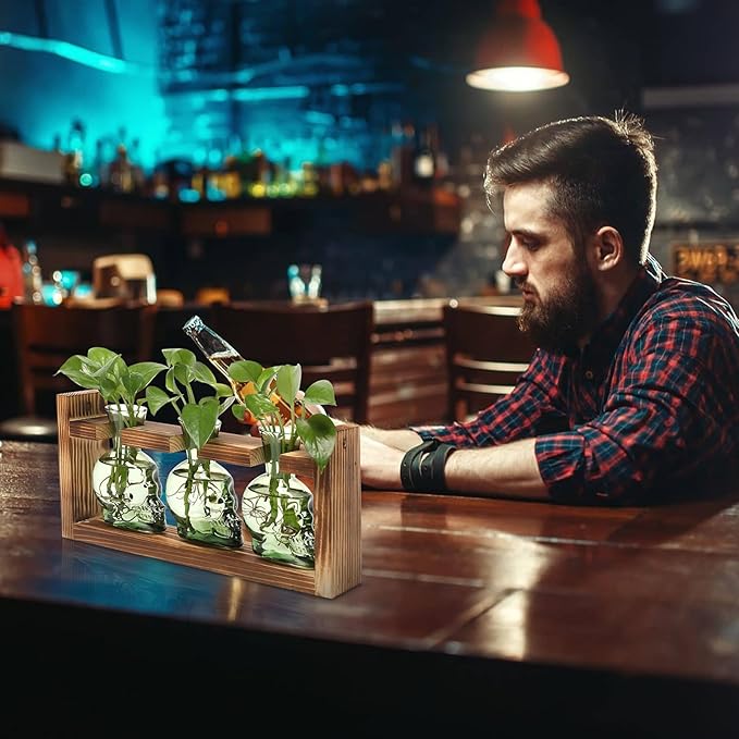 Plant Terrarium Propagation Stations Hydroponics Halloween Skull Planter Vase Skulls Decor with Wooden Stand Gift for Father