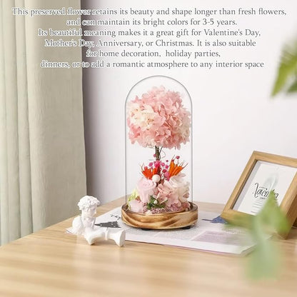 Christmas Preserved Flower Gifts with LED Lights, Pink Hydrangea and Rose Arrangement on Wood Base, 8 x 5.2 Inches, Battery Operated, No Watering Required Home Decor,All Occasions and All Festivals