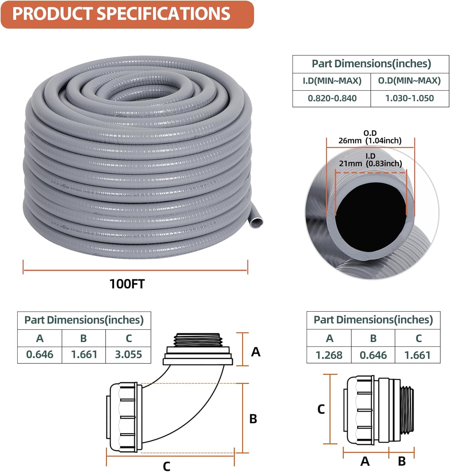 Liquid-Tight Conduit 100 ft and 10 Pieces of Connector Kit, Electrical Conduit 3/4 100ft w/UL Certification, Flexible Conduit with 5 Straight and 5 90-Degree Conduit Connector Fittings