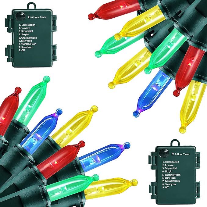 Christmas Lights - Battery Operated String Lights 50 LED String Lights Mini Lights with Auto-Timer and 8 Lighting Modes for Christmas Wreath Party Wedding Garden Home Decoration, Multicolor 2Pack