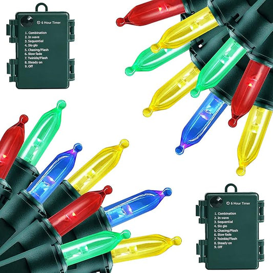 Christmas Lights - Battery Operated String Lights 50 LED String Lights Mini Lights with Auto-Timer and 8 Lighting Modes for Christmas Wreath Party Wedding Garden Home Decoration, Multicolor 2Pack