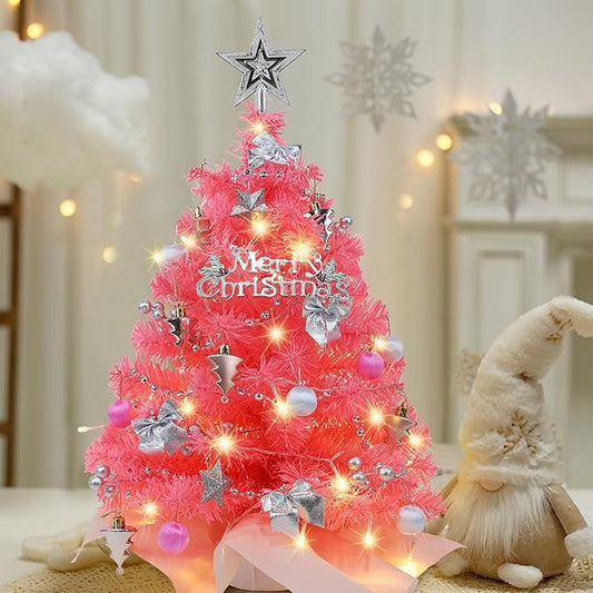 Juegoal Pink Mini Christmas Tree, 24 Inch/2 FT Lighted Tabletop Artificial Xmas Pine Tree, Small Spruce Tree Light Up Battery Operated & Timer with 50 LED Lights, for Holiday Winter Home Party Decor