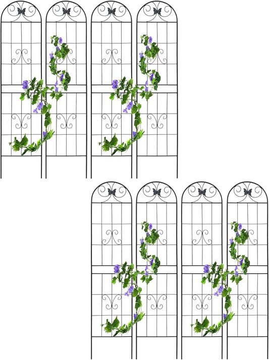 8 Pack Metal Garden Trellis for Climbing Plants, 86.7" Tall Rustproof Outdoor Trellis Panel with Line Butterfly Design, Decorative Black Iron Plant Support for Vine, Rose, Flower, Garden Wall