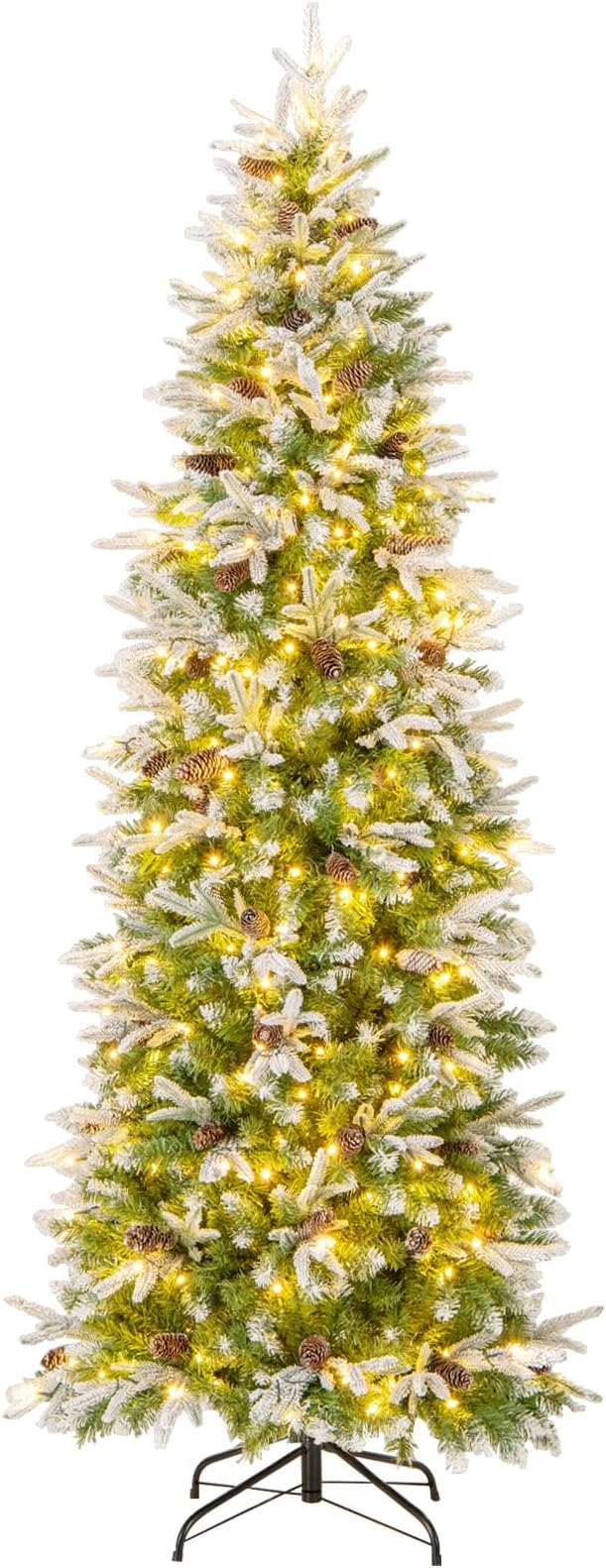 GOFLAME 7.5 FT Pre-Lit Pencil Christmas Tree Snow Flocked, Slim Artificial Xmas Tree with 913 Branch Tips, 350 LED Lights, 75 Natural Pine Cones, Hinged Holiday Decoration Tree for Home Office