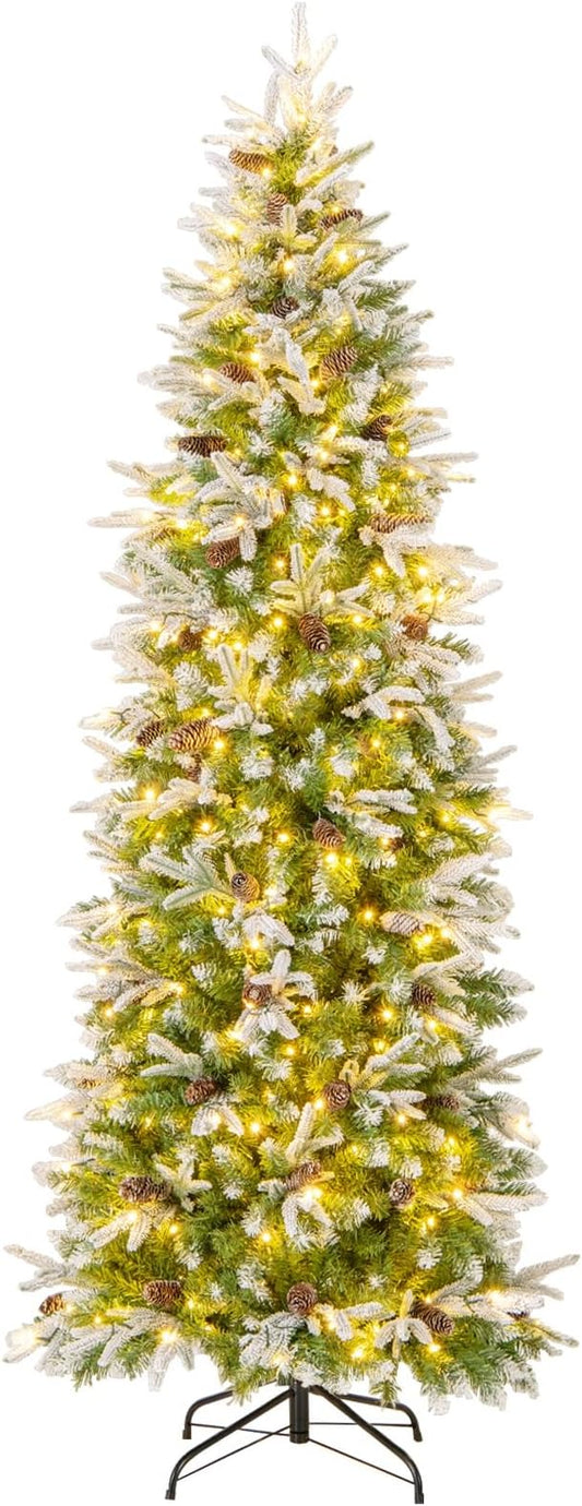 GOFLAME 7.5 FT Pre-Lit Pencil Christmas Tree Snow Flocked, Slim Artificial Xmas Tree with 913 Branch Tips, 350 LED Lights, 75 Natural Pine Cones, Hinged Holiday Decoration Tree for Home Office