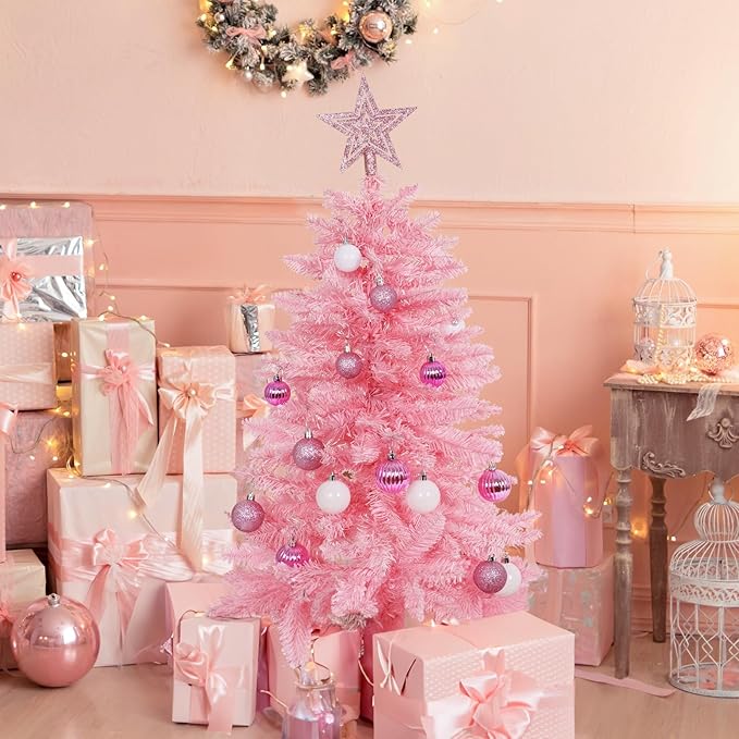 Sunshine Pink Christmas Tree with Light 3ft Artifical Full Christmas Tree with Ball & Star Ornaments 8 Lighting Modes for Holiday Decor