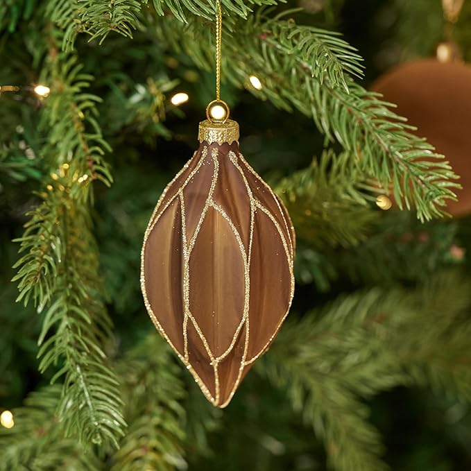 WDS WONDROUS Christmas Ball Ornaments, Vintage Ball & Teardrop Xmas Tree Ornament Set, Hanging Assorted Glass Balls for Holiday Home Party Decor (9Pcs, Brown & Gold Line)