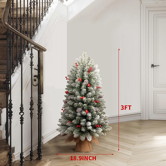 3FT Pre-lit Tabletop Christmas Tree, Mini Small Flocked Christmas Trees with 9 Modes LED Lights, Pine Cones & Berries, Battery Operated with Timer, for Home Office Desk Decor