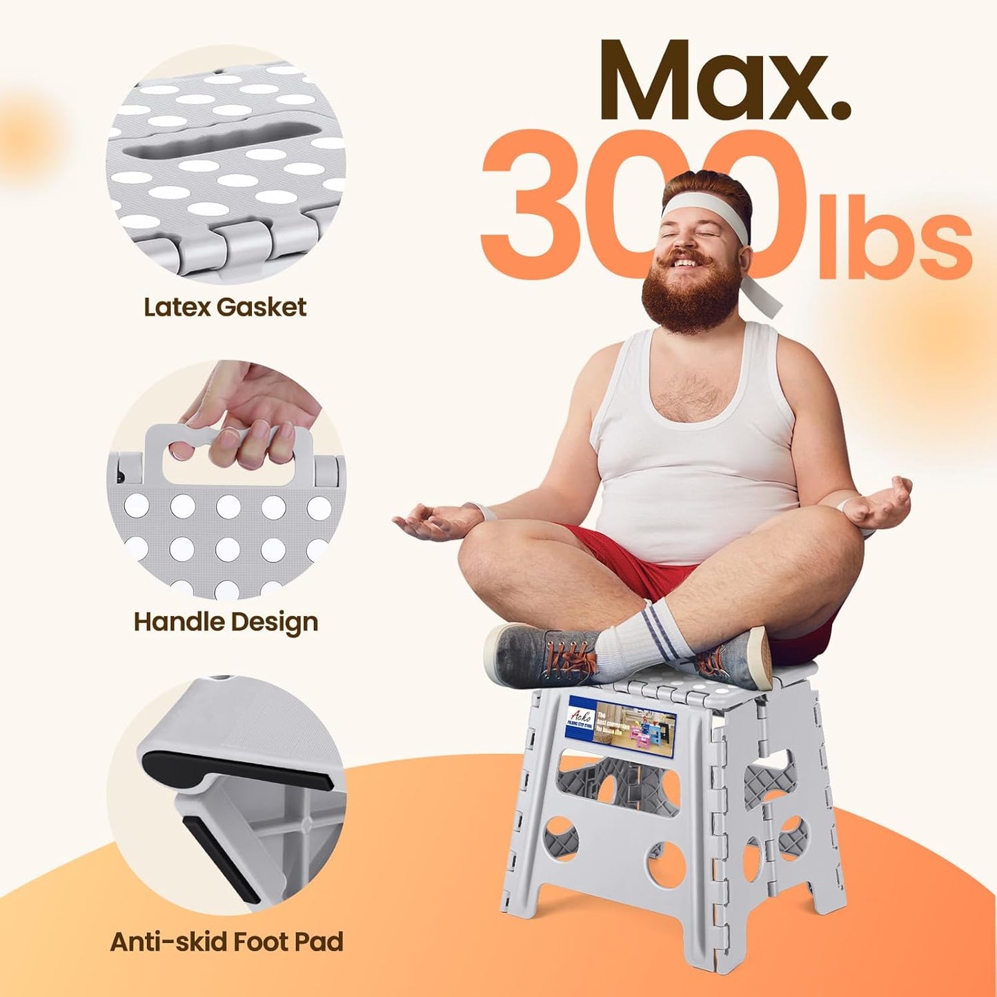 ACKO Folding Step Stool Foldable Stool 13 inch Plastic Stools for Kids and Adults Up to 300 lbs,Stepping Foot Stool with Portable Handle for Kitchen Closet Bedroom (Grey)