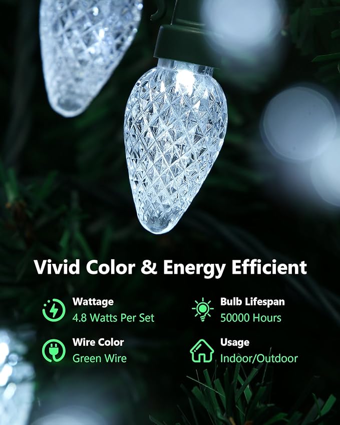 2-Set C7 LED Christmas String Lights, 25.16FT 50 LED Connectable Outdoor Indoor Decorative Light Strand, Cool White Xmas Holiday Lights for House, Christmas Tree, Patio, Party Decoration, UL Listed