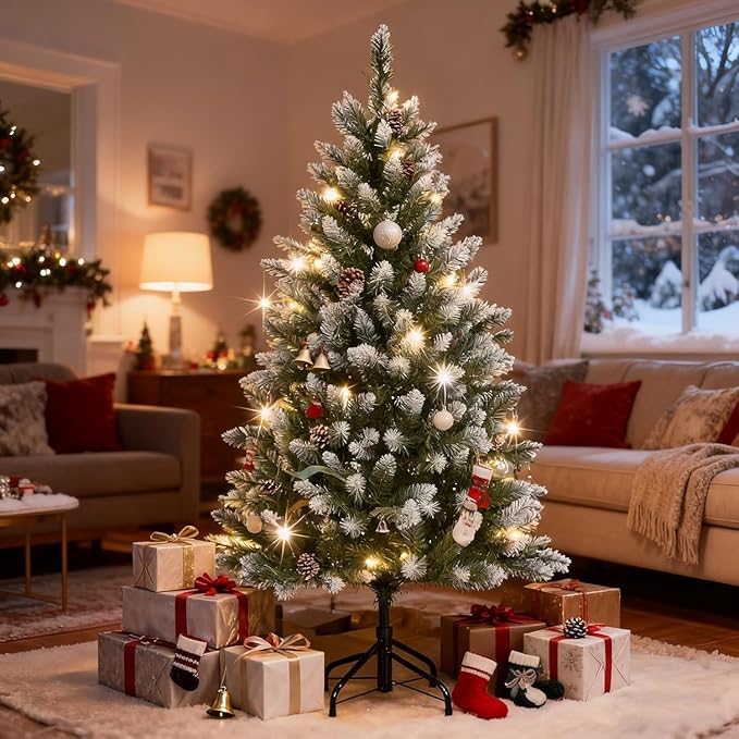GarveeHome 4.5ft Christmas Tree Pre-lit Holiday Decoration, Skinny Décor LED Lights, Metal Stand,Xmas Tree for Room, Bedroom, Apartment, Outdoor Porch, Office