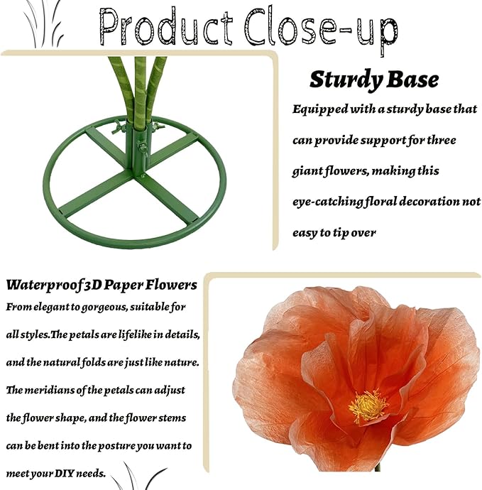 3pc Large Paper Artificial Flowers, Giant Flower for Decoration,Standing Huge Handcrafted Flowers for Garden, Hotel, Office, Photography Props, Wedding,Art Gallery, Shop Window Display (Orange)