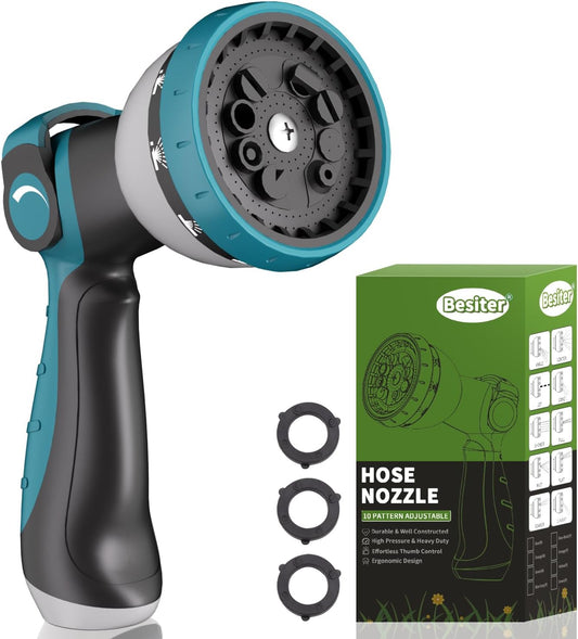 Hose Nozzle, Garden Hose Nozzle with 10 Spray Patterns, Thumb Control On Off Valve, Adjustable and Heavy Duty for Washing Car, Watering Plants, Washing Pets, and Home Use